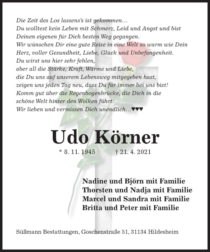  Traueranzeige für Udo Körner vom 26.04.2021 aus Hildesheimer Allgemeine Zeitung