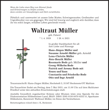 Traueranzeige von Waltraut Müller von Hildesheimer Allgemeine Zeitung