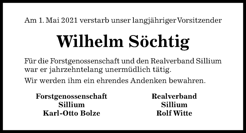  Traueranzeige für Wilhelm Söchtig vom 05.05.2021 aus Hildesheimer Allgemeine Zeitung