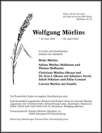 Traueranzeige von Wolfgang Mörlins von Hildesheimer Allgemeine Zeitung