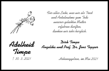 Traueranzeige von Adelheid Timpe von Hildesheimer Allgemeine Zeitung