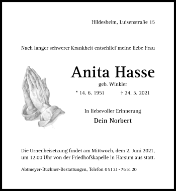 Traueranzeige von Anita Hasse von Hildesheimer Allgemeine Zeitung