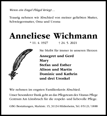 Traueranzeige von Anneliese Wichmann von Hildesheimer Allgemeine Zeitung