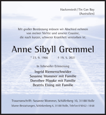 Traueranzeige von Anne Sibyll Gremmel von Hildesheimer Allgemeine Zeitung