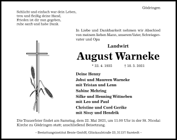 Traueranzeige von August Warneke von Hildesheimer Allgemeine Zeitung