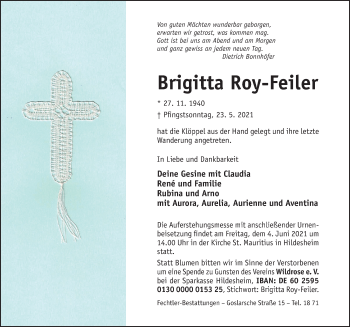 Traueranzeige von Brigitta Roy-Feiler von Hildesheimer Allgemeine Zeitung