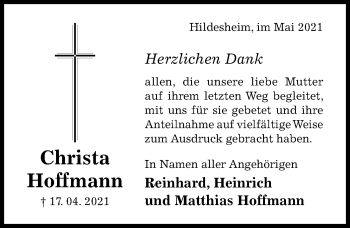 Traueranzeige von Christa Hoffmann von Hildesheimer Allgemeine Zeitung