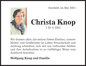 Traueranzeige von Christa Knop von Hildesheimer Allgemeine Zeitung