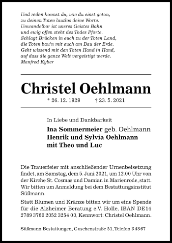 Traueranzeige von Christel Oehlmann von Hildesheimer Allgemeine Zeitung