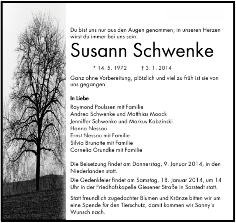 Traueranzeige für Susann Schwenke vom 07.01.2014 aus Hildesheimer Allgemeine Zeitung