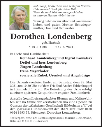 Traueranzeige von Dorothea Londenberg von Hildesheimer Allgemeine Zeitung