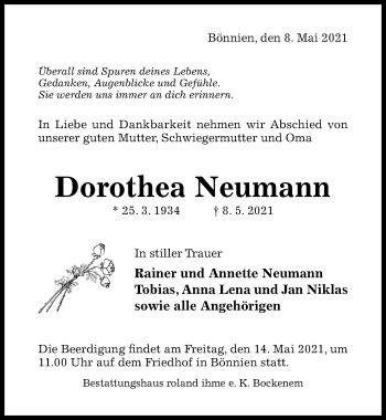 Traueranzeige von Dorothea Neumann von Hildesheimer Allgemeine Zeitung