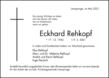 Traueranzeige von Eckhard Rehkopf von Hildesheimer Allgemeine Zeitung