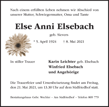 Traueranzeige von Else Anni Elsebach von Hildesheimer Allgemeine Zeitung