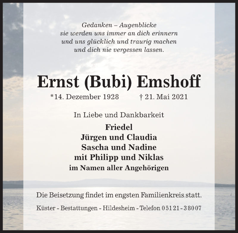 Traueranzeige für Ernst Emshoff vom 26.05.2021 aus Hildesheimer Allgemeine Zeitung