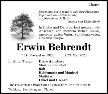 Traueranzeige von Erwin Behrendt von Hildesheimer Allgemeine Zeitung