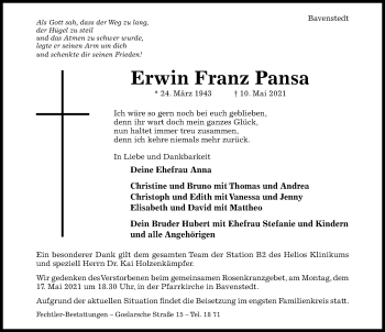 Traueranzeige von Erwin Franz Pansa von Hildesheimer Allgemeine Zeitung