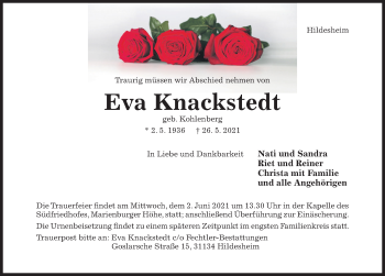 Traueranzeige von Eva Knackstedt von Hildesheimer Allgemeine Zeitung