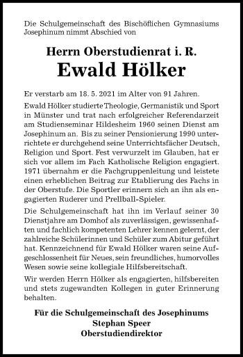 Traueranzeige von Ewald Hölker von Hildesheimer Allgemeine Zeitung