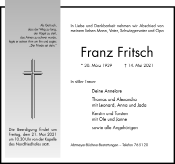 Traueranzeige von Franz Fritsch von Hildesheimer Allgemeine Zeitung