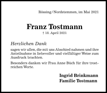 Traueranzeige von Franz Tostmann von Hildesheimer Allgemeine Zeitung