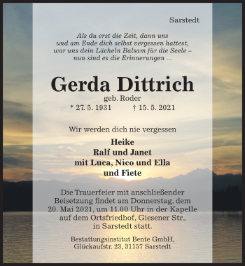Traueranzeige von Gerda Dittrich von Hildesheimer Allgemeine Zeitung