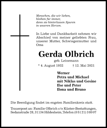 Traueranzeige von Gerda Olbrich von Hildesheimer Allgemeine Zeitung
