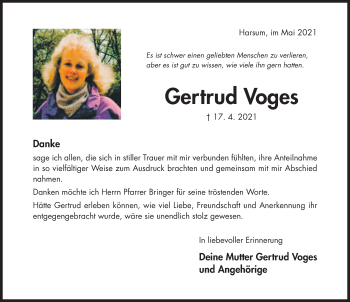 Traueranzeige von Gertrud Voges von Hildesheimer Allgemeine Zeitung