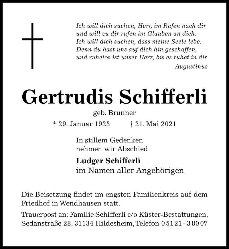  Traueranzeige für Gertrudis Schifferli vom 26.05.2021 aus Hildesheimer Allgemeine Zeitung