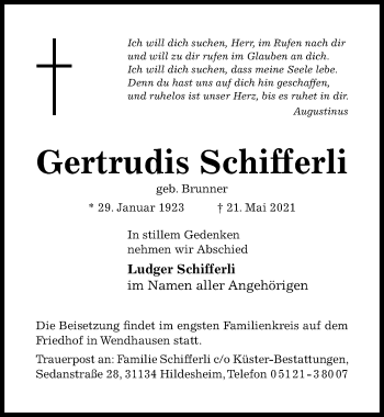 Traueranzeige von Gertrudis Schifferli von Hildesheimer Allgemeine Zeitung
