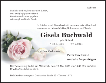 Traueranzeige von Gisela Buchwald von Hildesheimer Allgemeine Zeitung
