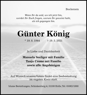 Traueranzeige von Günter König von Hildesheimer Allgemeine Zeitung