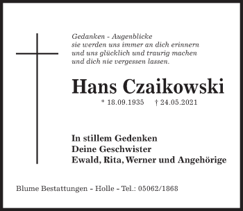 Traueranzeige von Hans Czaikowski von Hildesheimer Allgemeine Zeitung