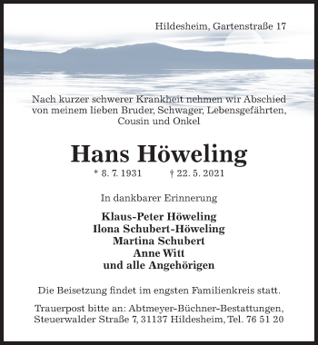 Traueranzeige von Hans Höweling von Hildesheimer Allgemeine Zeitung