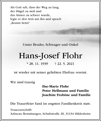 Traueranzeige von Hans-Josef Flohr von Hildesheimer Allgemeine Zeitung