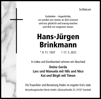 Traueranzeige von Hans-Jürgen Brinkmann von Hildesheimer Allgemeine Zeitung