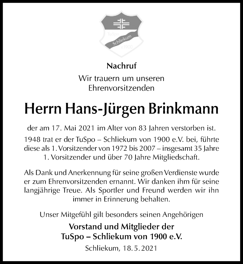  Traueranzeige für Hans-Jürgen Brinkmann vom 22.05.2021 aus Hildesheimer Allgemeine Zeitung