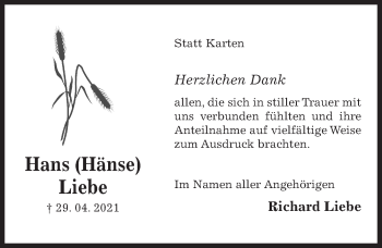 Traueranzeige von Hans Liebe von Hildesheimer Allgemeine Zeitung