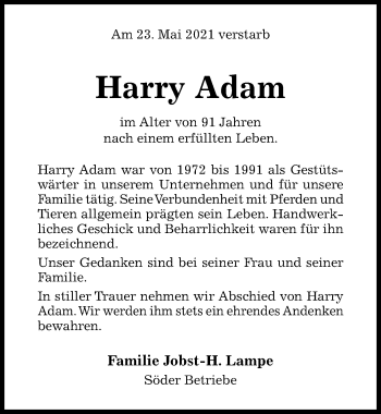Traueranzeige von Harry Adam von Hildesheimer Allgemeine Zeitung