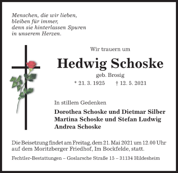 Traueranzeige von Hedwig Schoske von Hildesheimer Allgemeine Zeitung