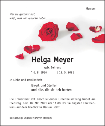 Traueranzeige von Helga Meyer von Hildesheimer Allgemeine Zeitung