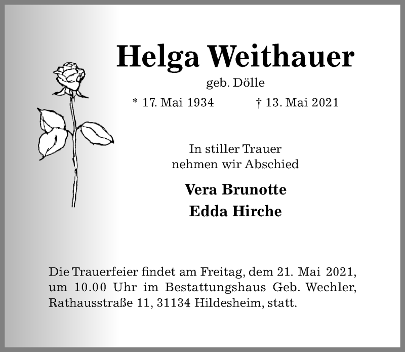  Traueranzeige für Helga Weithauer vom 19.05.2021 aus Hildesheimer Allgemeine Zeitung