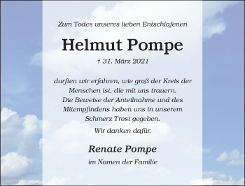 Traueranzeige von Helmut Pompe von Hildesheimer Allgemeine Zeitung