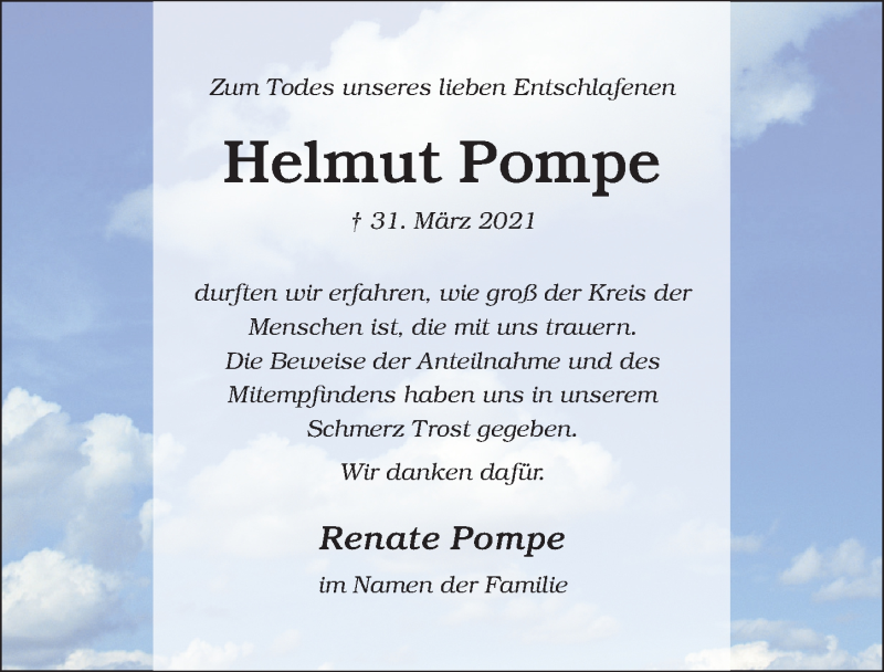  Traueranzeige für Helmut Pompe vom 15.05.2021 aus Hildesheimer Allgemeine Zeitung