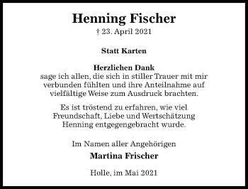Traueranzeige von Henning Fischer von Hildesheimer Allgemeine Zeitung