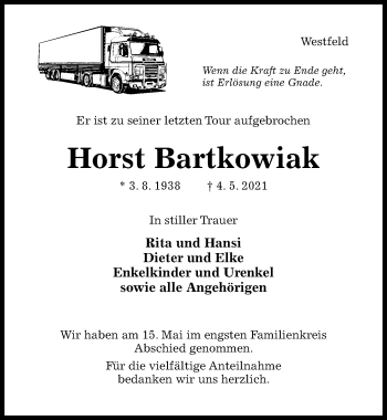 Traueranzeige von Horst Bartkowiak von Hildesheimer Allgemeine Zeitung
