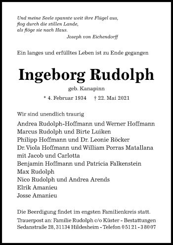 Traueranzeige von Ingeborg Rudolph von Hildesheimer Allgemeine Zeitung