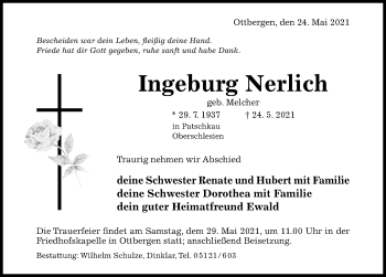 Traueranzeige von Ingeburg Nerlich von Hildesheimer Allgemeine Zeitung