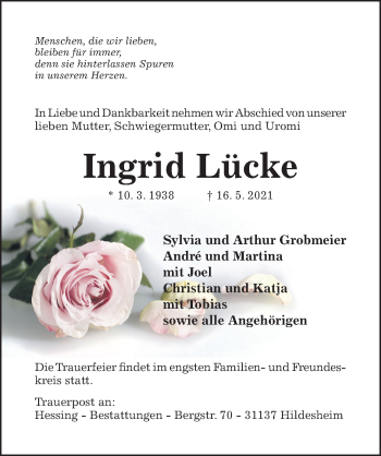 Traueranzeige von Ingrid Lücke von Hildesheimer Allgemeine Zeitung