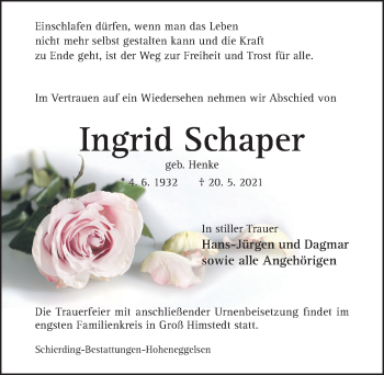 Traueranzeige von Ingrid Schaper von Hildesheimer Allgemeine Zeitung